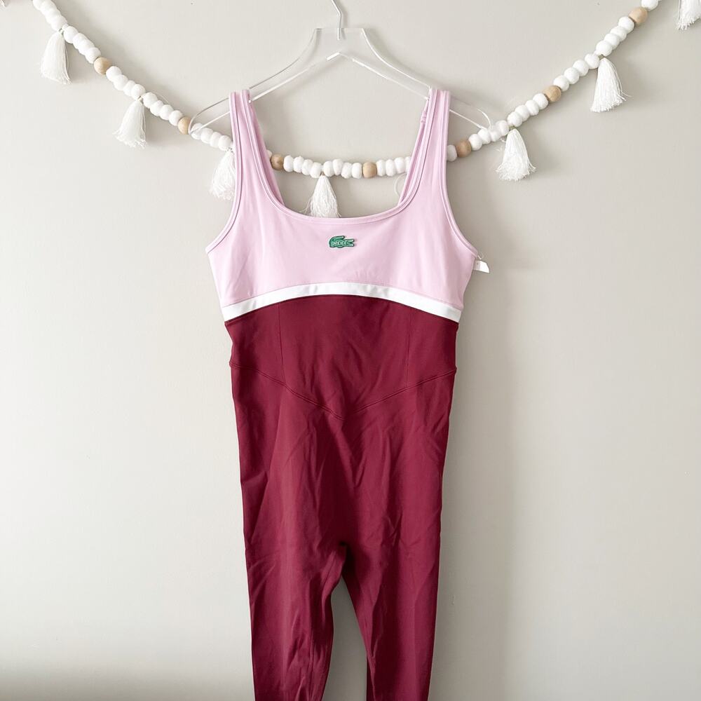 Lacoste x Bandier Colorblock Full Bodysuit All Motion Bordeaux Size Large - Picture 12 of 13
